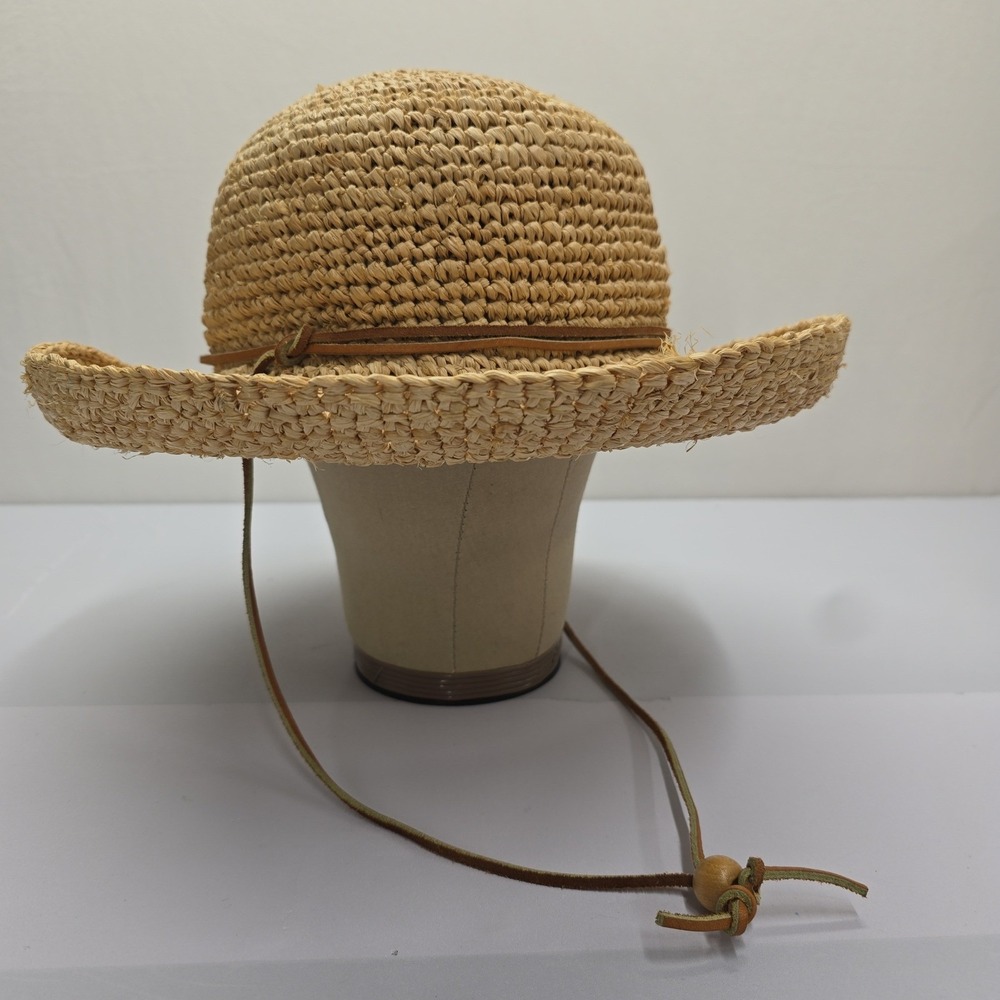 Handmade Natural Raffia Straw Sun Hat Tan Wide Brim Chin Strap Boho Summer